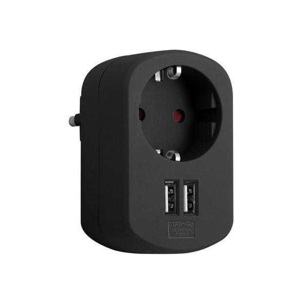 ADAPTADOR COMBI CON 1 TOMA 16A 250V Y 2 PUERTOS USB 3,15A NEGRO