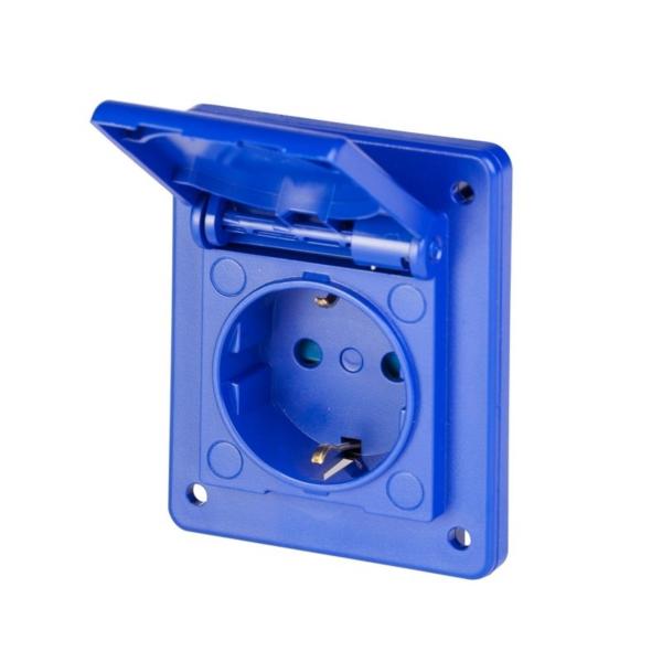 BASE EMPOTRABLE DOMO 2P+T 16A IP54 ALEMN CON SHUTTER 70x87mm TERMOPLSTICO AZUL